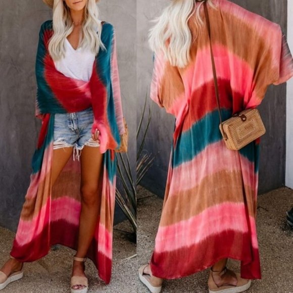 Shop Fig Jackets & Blazers - New Boho Tie Dye Beach Kimono Duster Swim Cover-Up